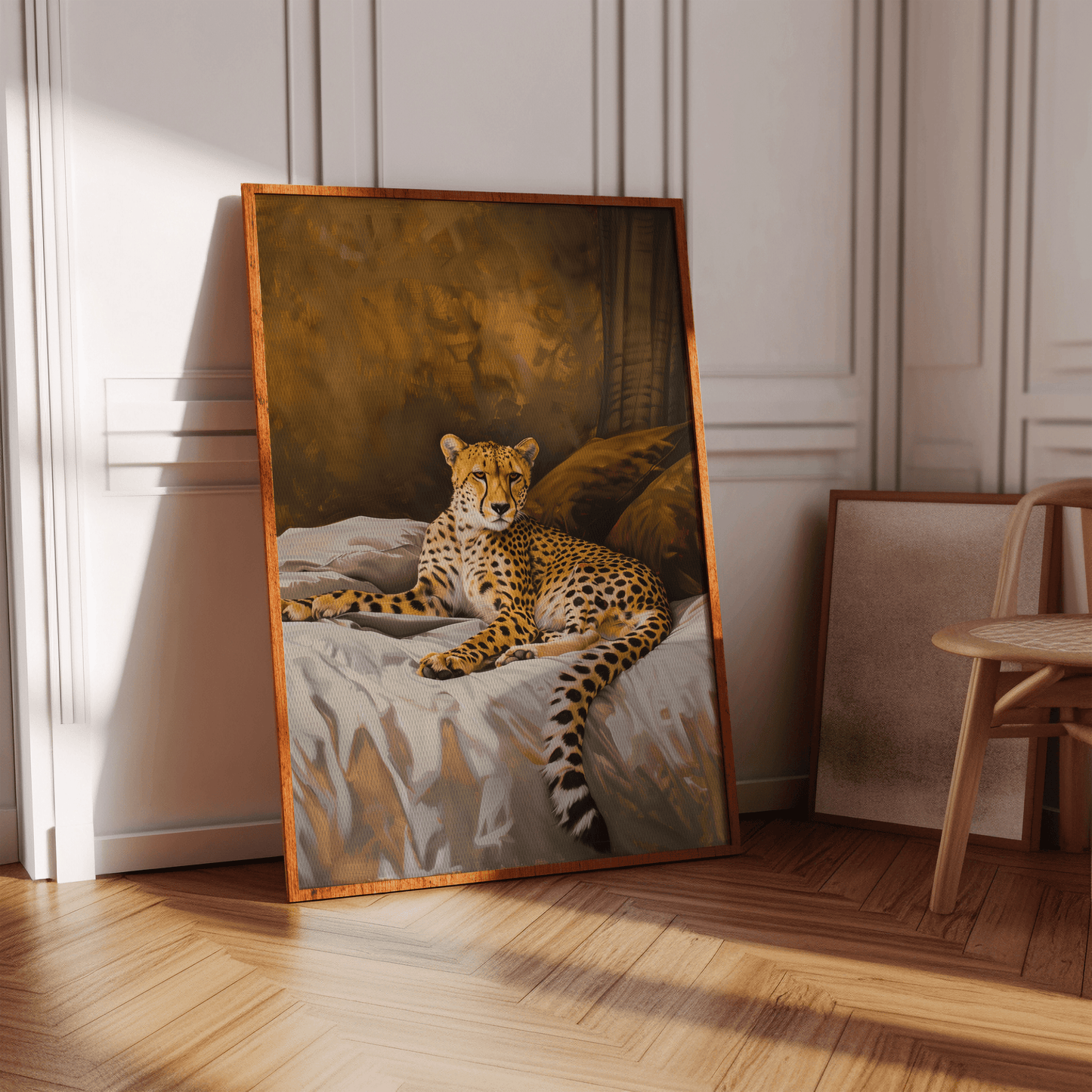 Painting of an exotic cheetah on a king sized luxury bed, in a white Victorian hallway - Paw Prints