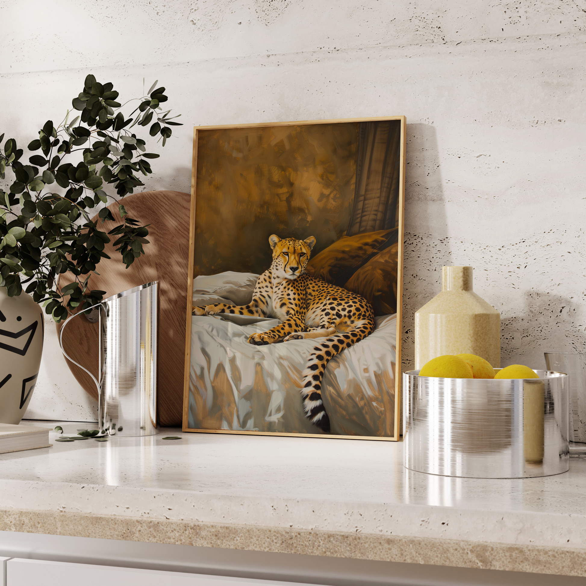 Painting of an exotic cheetah on a king sized luxury bed, leaning against the kitchen counter - Paw Prints