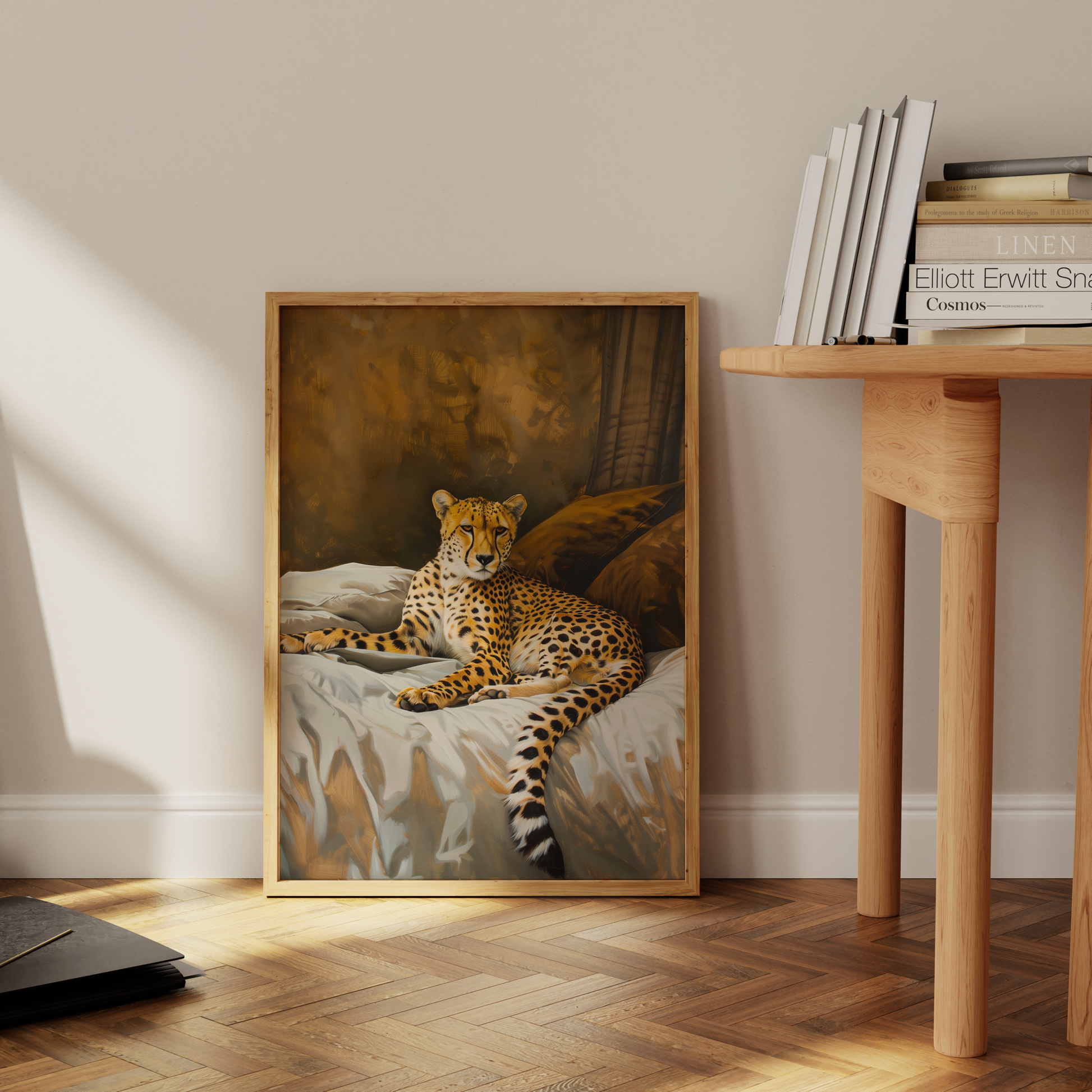 Painting of an exotic cheetah on a king sized luxury bed, leaning against the office wall - Paw Prints