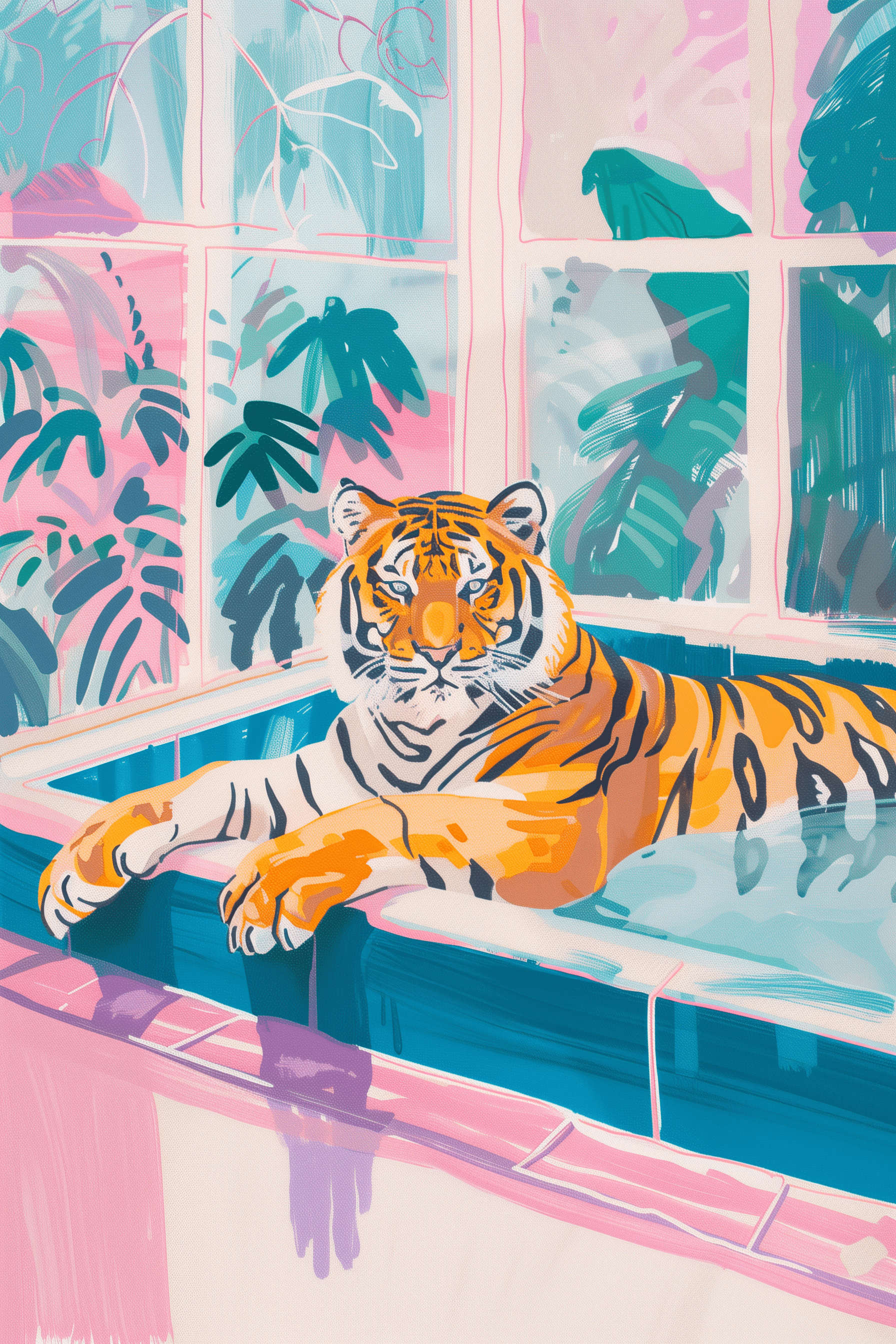 Painting of an exotic tiger lounging in a tropical bathtub - Paw Prints