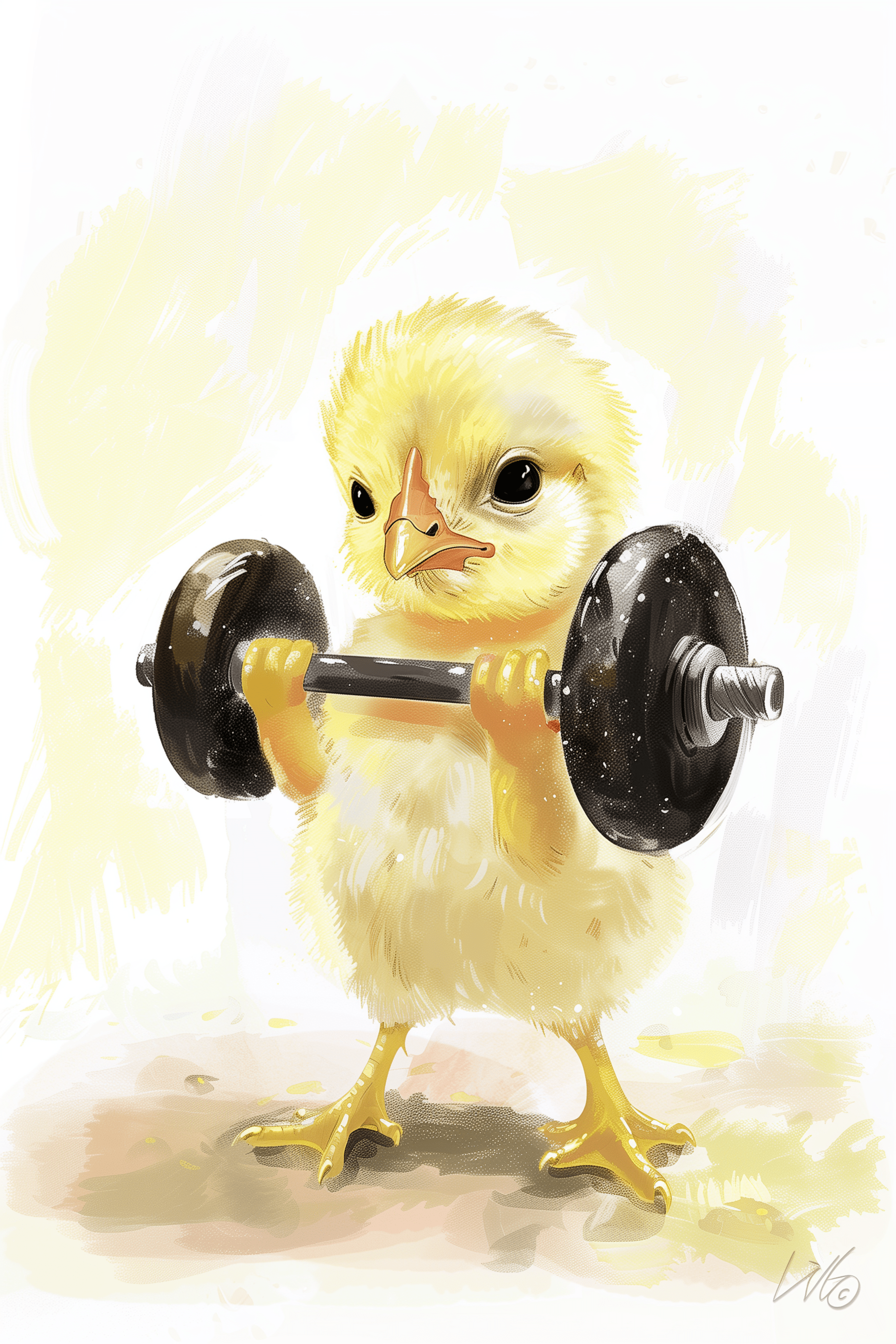 Oil painting of a baby chicken curling a barbell. - Paw Prints