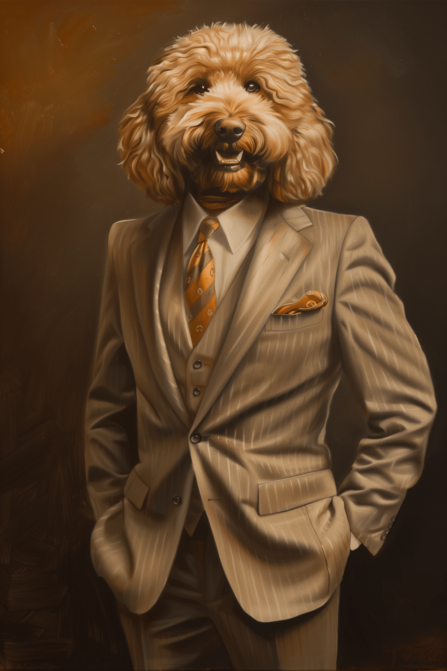 Framed poster of a poodle wearing a full suit. - Paw Prints