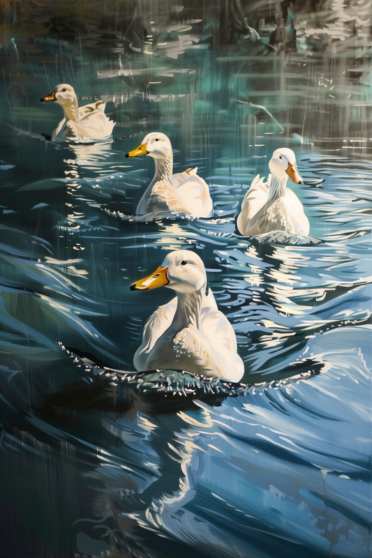 Painting of four Pekin ducks swimming in a blue lake - Paw Prints