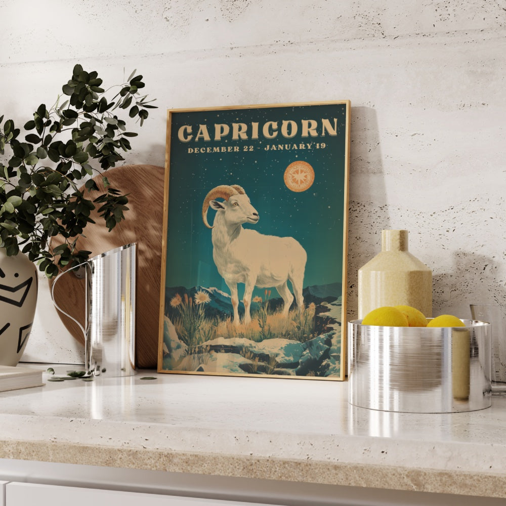 "Capricorn", a vintage astrology poster, featuring a white horned goat underneath the night skies with bright stars