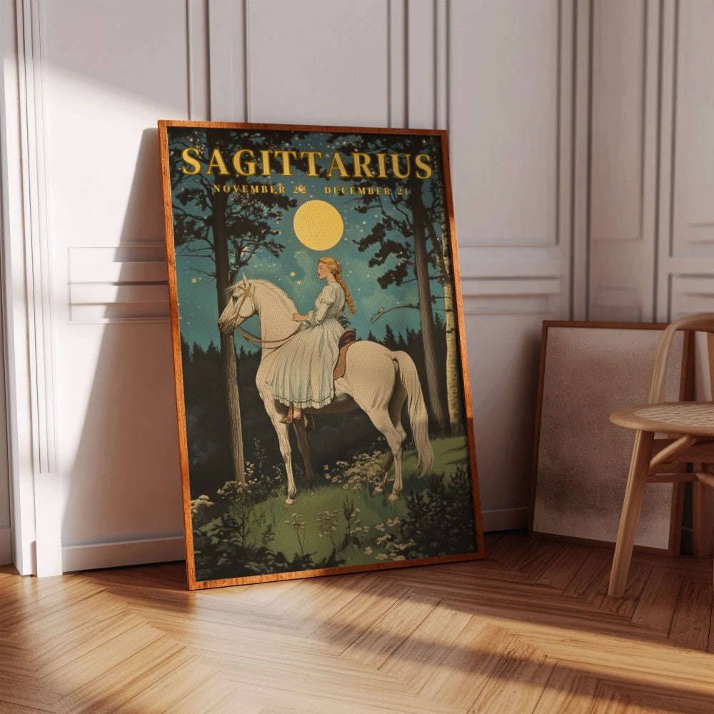 "Sagittarius", a vintage astrology poster, featuring a damsel riding a white horse in the forest, underneath the night sky