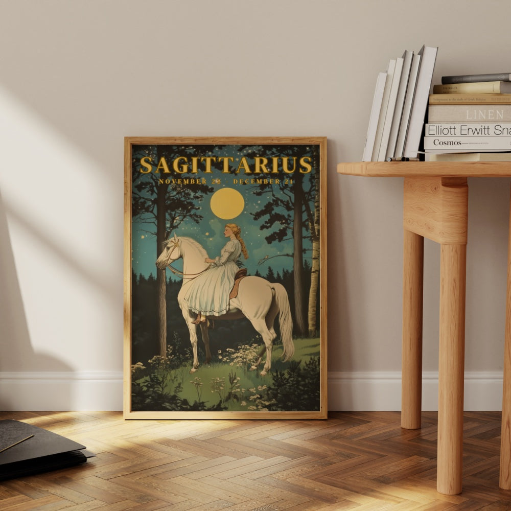 "Sagittarius", a vintage astrology poster, featuring a damsel riding a white horse in the forest, underneath the night sky