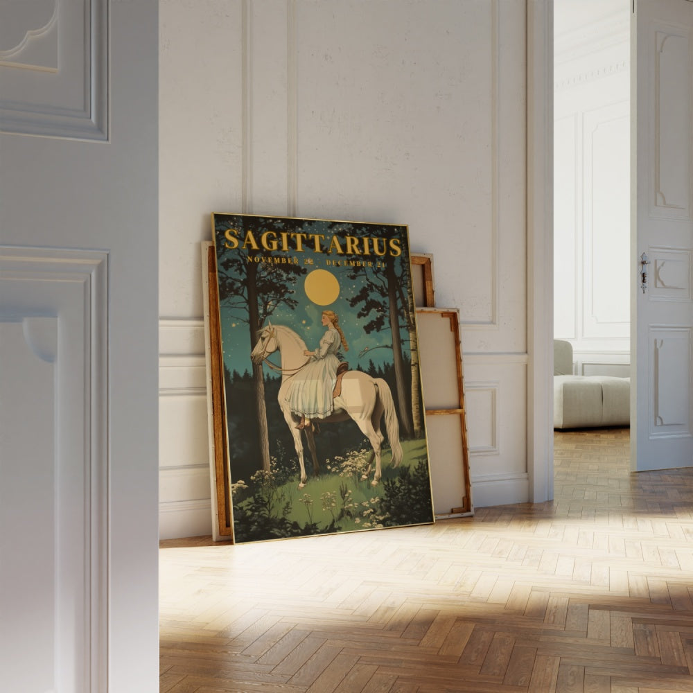 "Sagittarius", a vintage astrology poster, featuring a damsel riding a white horse in the forest, underneath the night sky