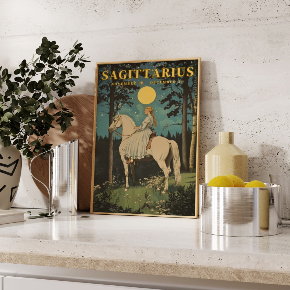 "Sagittarius", a vintage astrology poster, featuring a damsel riding a white horse in the forest, underneath the night sky