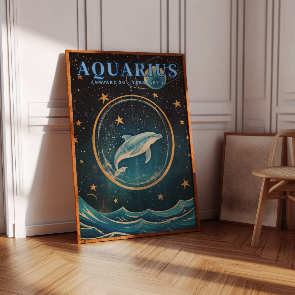 "Aquarius", a vintage astrology poster, featuring a dolphin swimming in space, night skies and bright stars