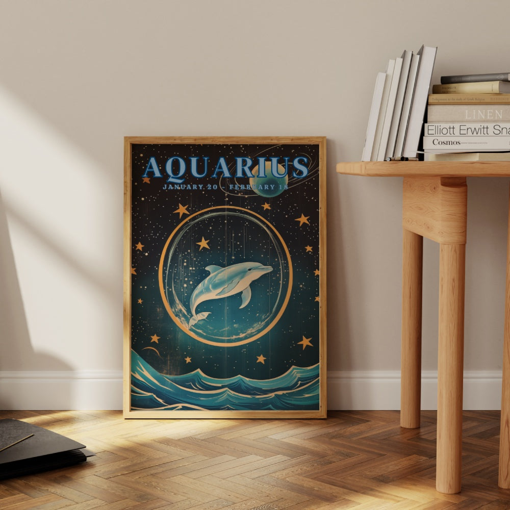 "Aquarius", a vintage astrology poster, featuring a dolphin swimming in space, night skies and bright stars