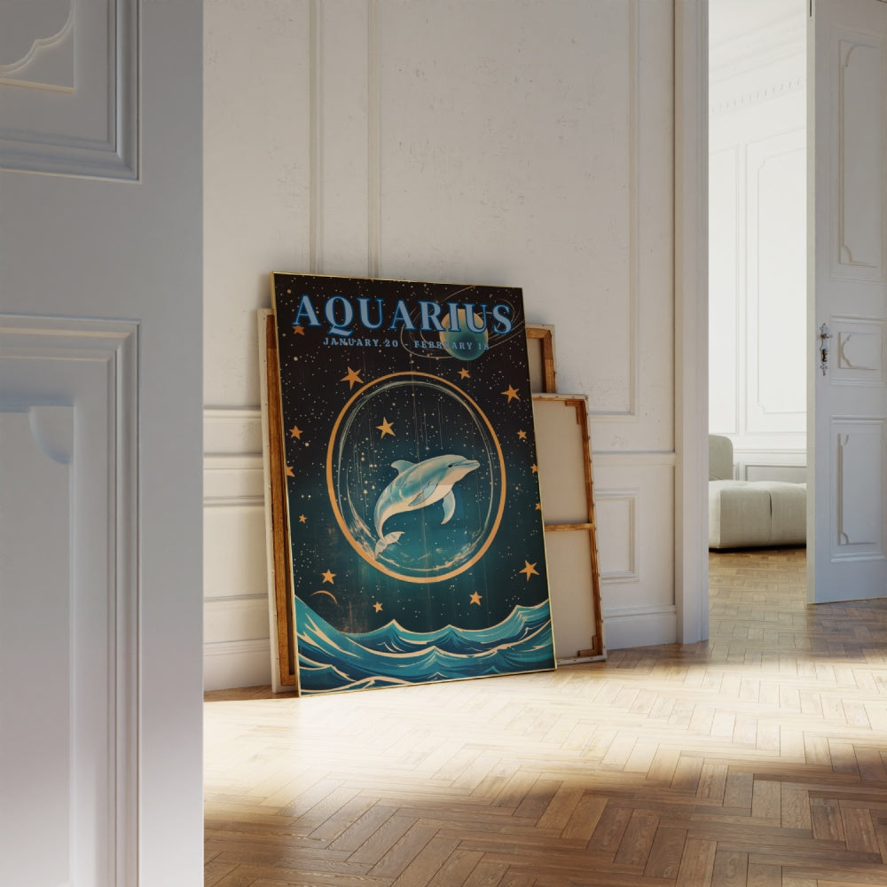 "Aquarius", a vintage astrology poster, featuring a dolphin swimming in space, night skies and bright stars