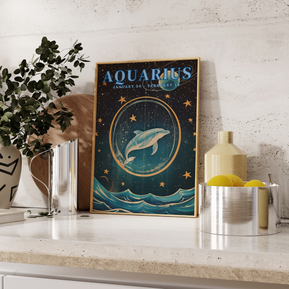 "Aquarius", a vintage astrology poster, featuring a dolphin swimming in space, night skies and bright stars