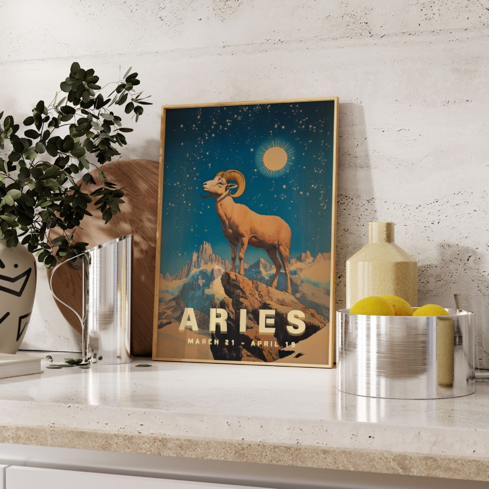 "Aries", a vintage astrology poster, featuring a ram on a rocky mountain overlooking the universe of stars