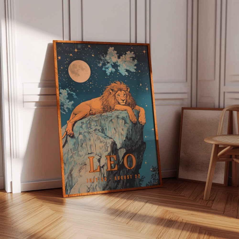 "Leo", a vintage astrology poster, featuring a lion resting calmly on a rock under the midnight moon