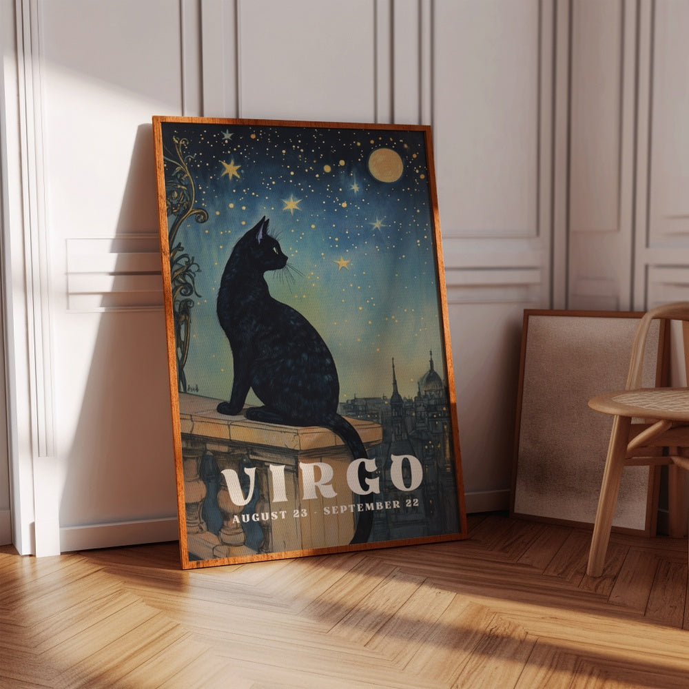 "Virgo", a vintage astrology poster, featuring a black cag sitting on a roof top looking at the night sky