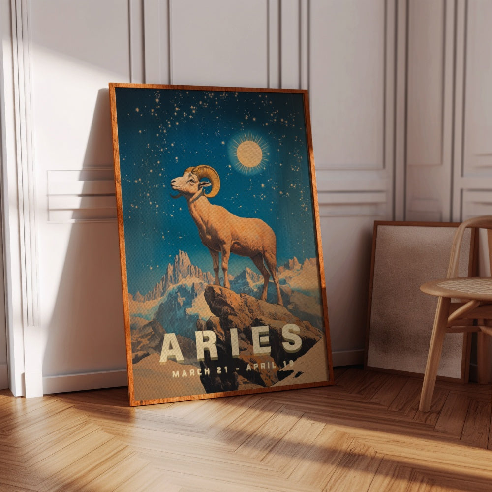 "Aries", a vintage astrology poster, featuring a ram on a rocky mountain overlooking the universe of stars