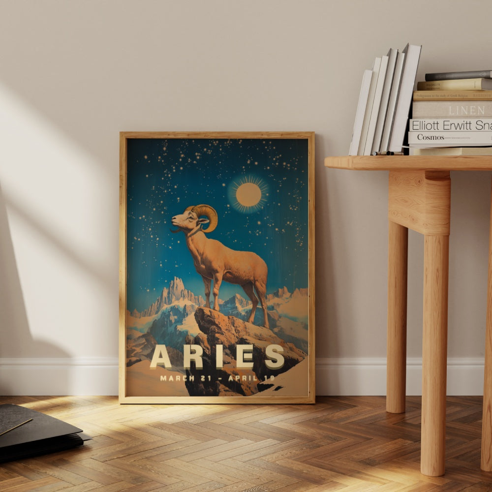 "Aries", a vintage astrology poster, featuring a ram on a rocky mountain overlooking the universe of stars