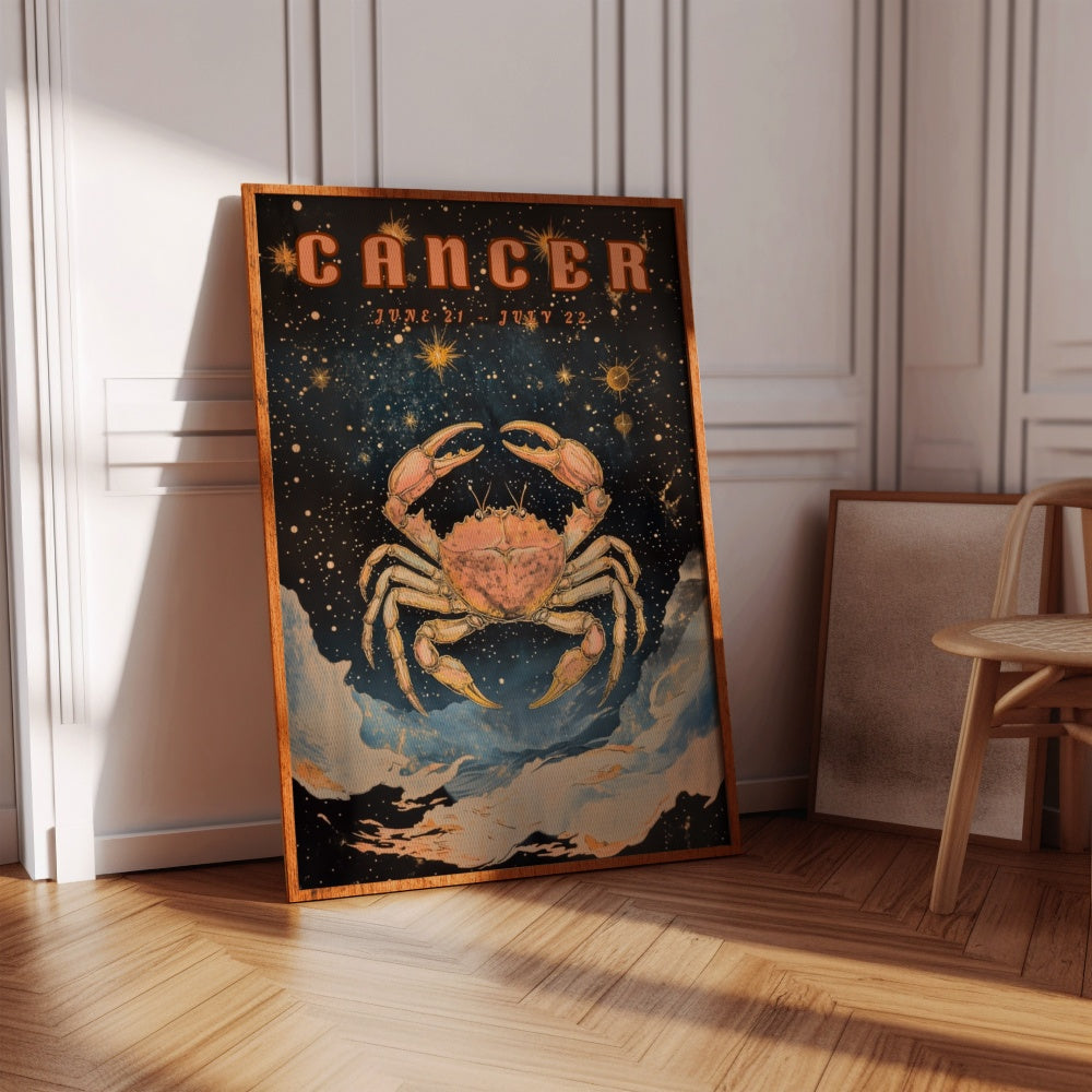 "Cancer", a vintage astrology poster, featuring a crab in the middle of the universe