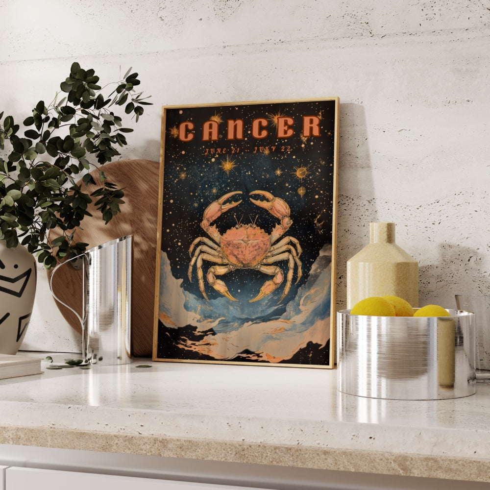 "Cancer", a vintage astrology poster, featuring a crab in the middle of the universe