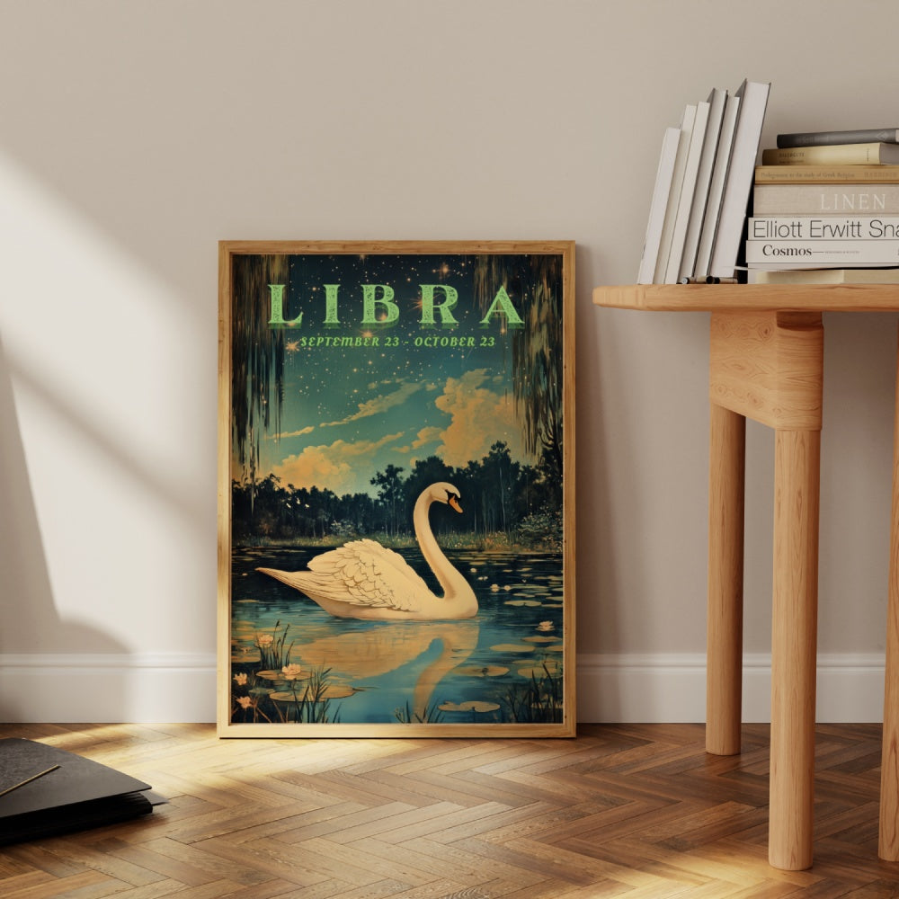 "Libra", a vintage astrology poster, featuring a swan in a calm pond underneath the stary night skies