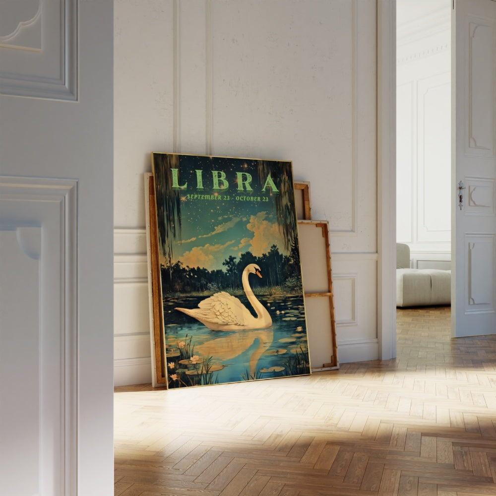 "Libra", a vintage astrology poster, featuring a swan in a calm pond underneath the stary night skies