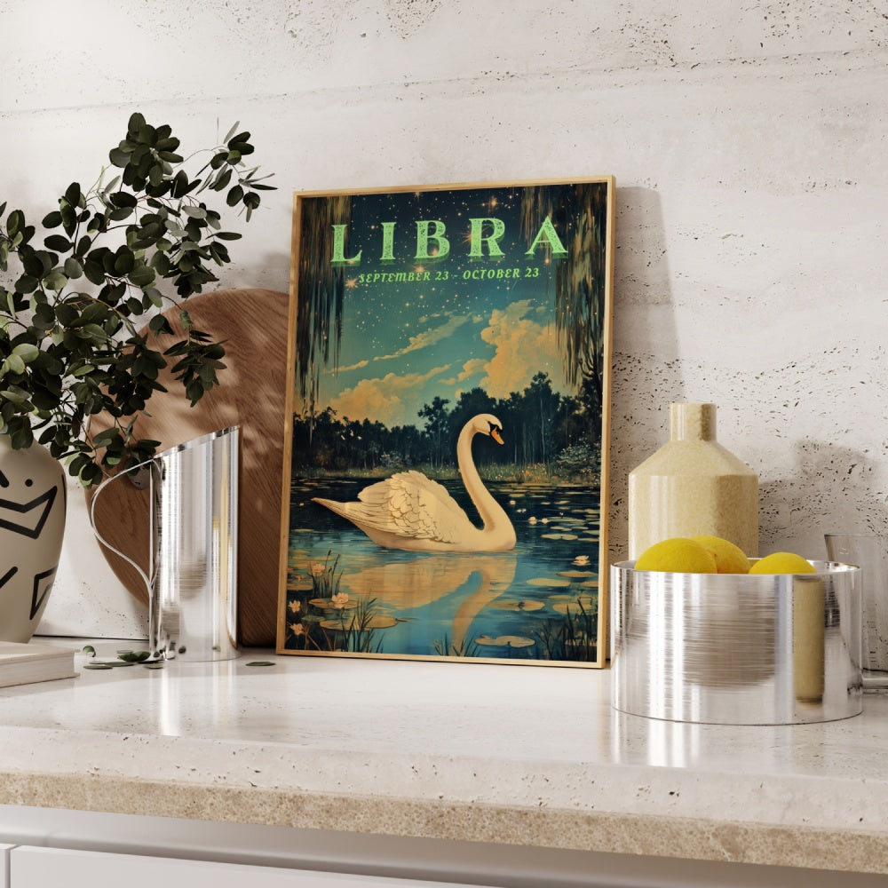 "Libra", a vintage astrology poster, featuring a swan in a calm pond underneath the stary night skies