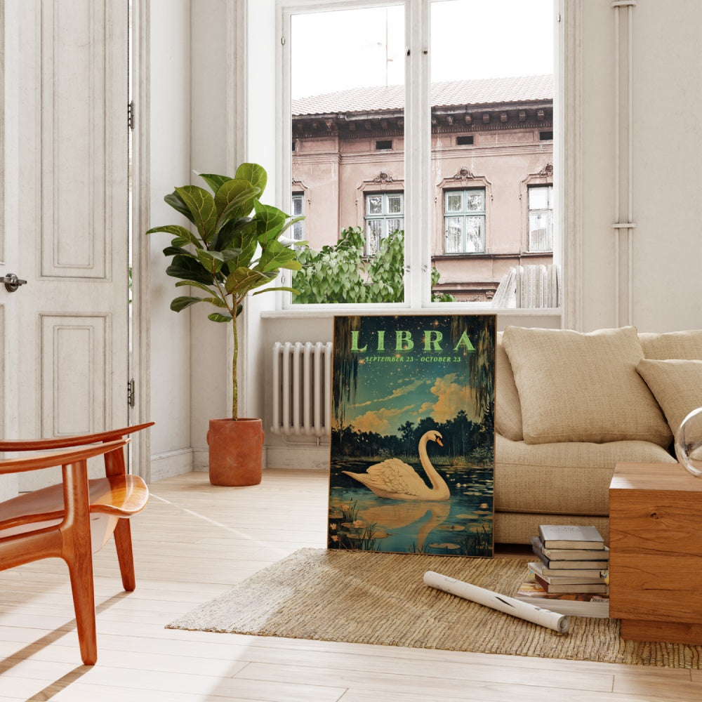 "Libra", a vintage astrology poster, featuring a swan in a calm pond underneath the stary night skies