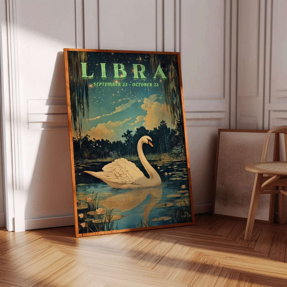 "Libra", a vintage astrology poster, featuring a swan in a calm pond underneath the stary night skies