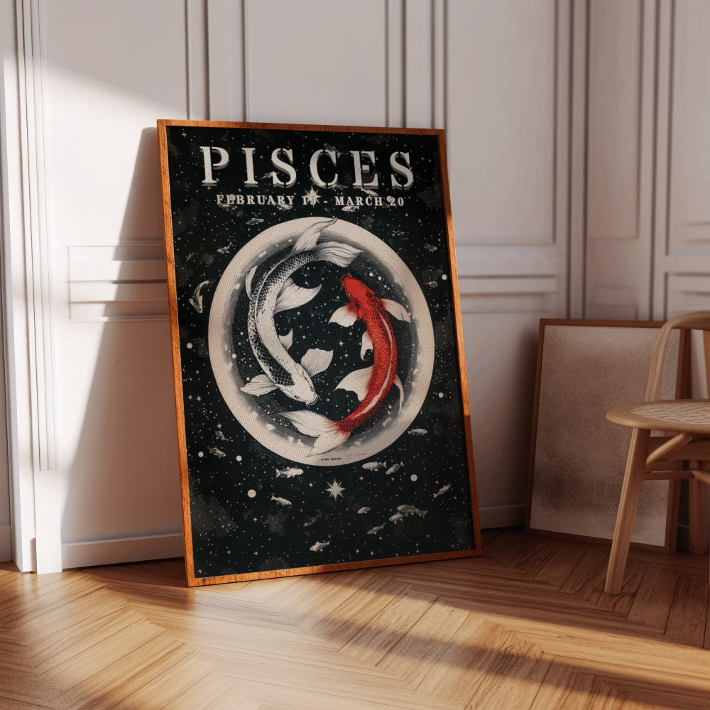 "Pisces", a vintage astrology poster, featuring a white koi fish and a red koi fish swimming in equilibrium in the universe