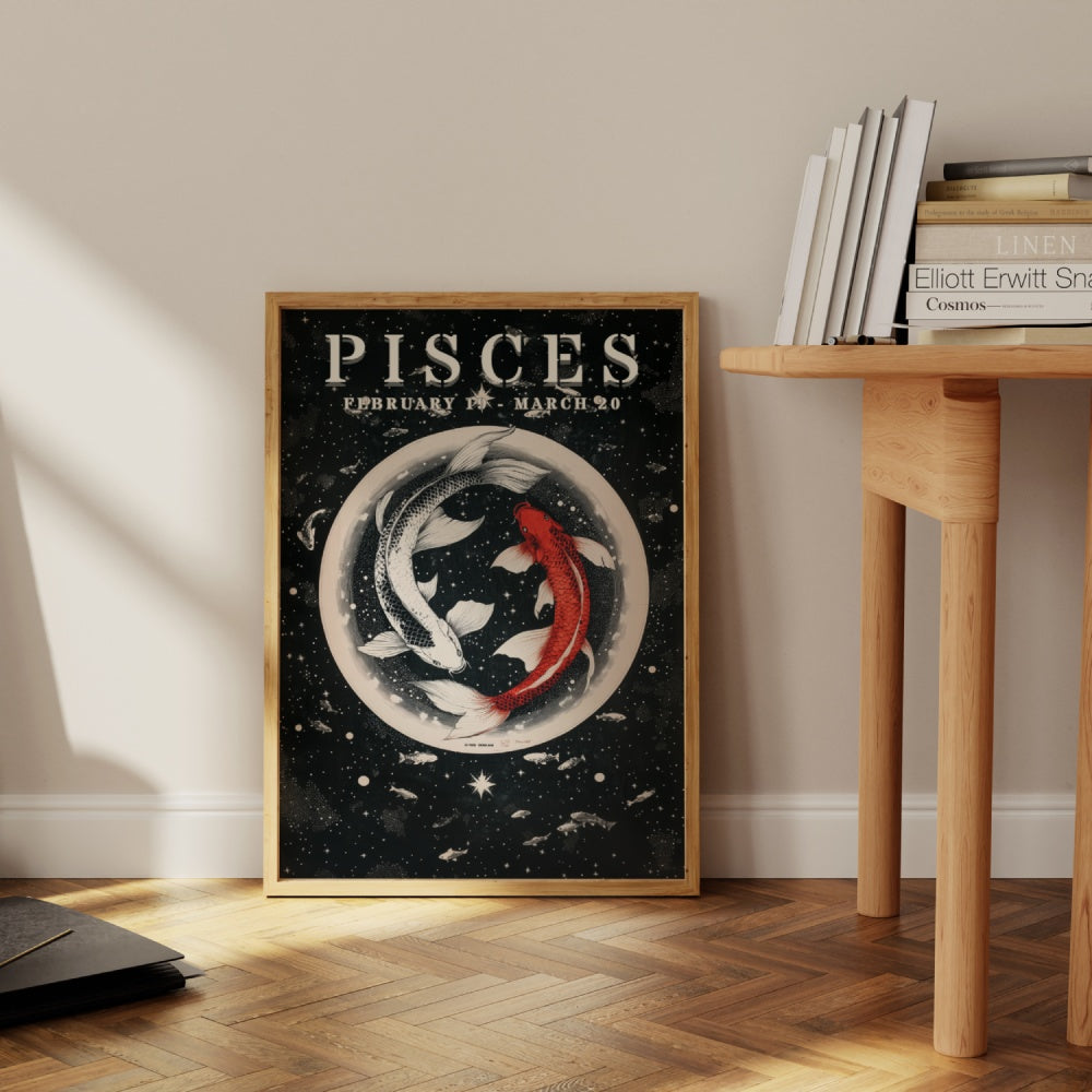 "Pisces", a vintage astrology poster, featuring a white koi fish and a red koi fish swimming in equilibrium in the universe