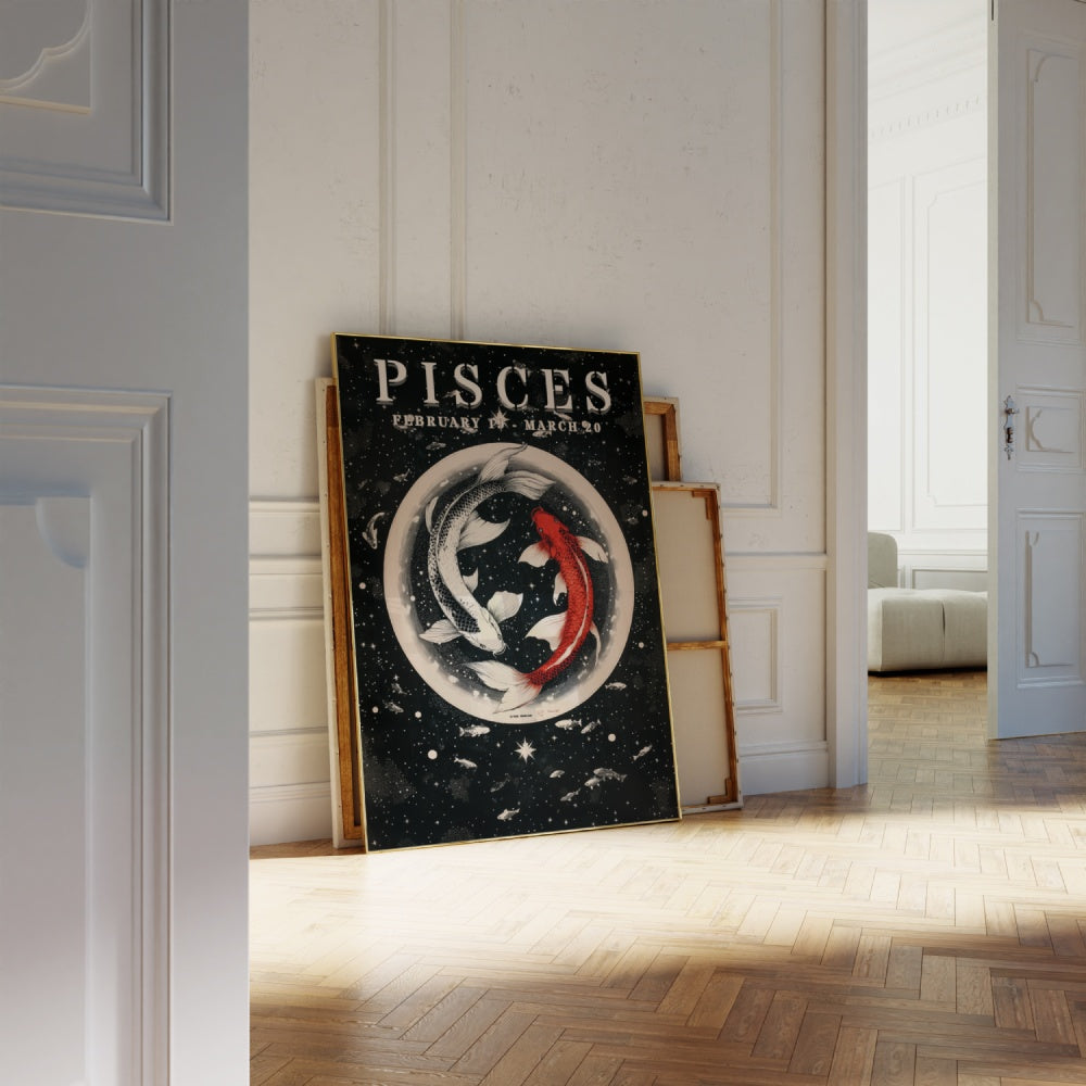 "Pisces", a vintage astrology poster, featuring a white koi fish and a red koi fish swimming in equilibrium in the universe