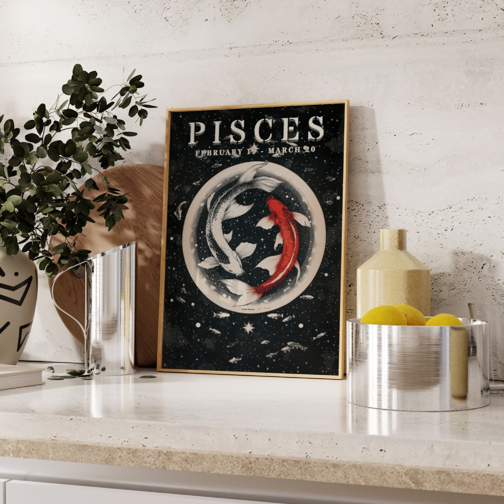 "Pisces", a vintage astrology poster, featuring a white koi fish and a red koi fish swimming in equilibrium in the universe