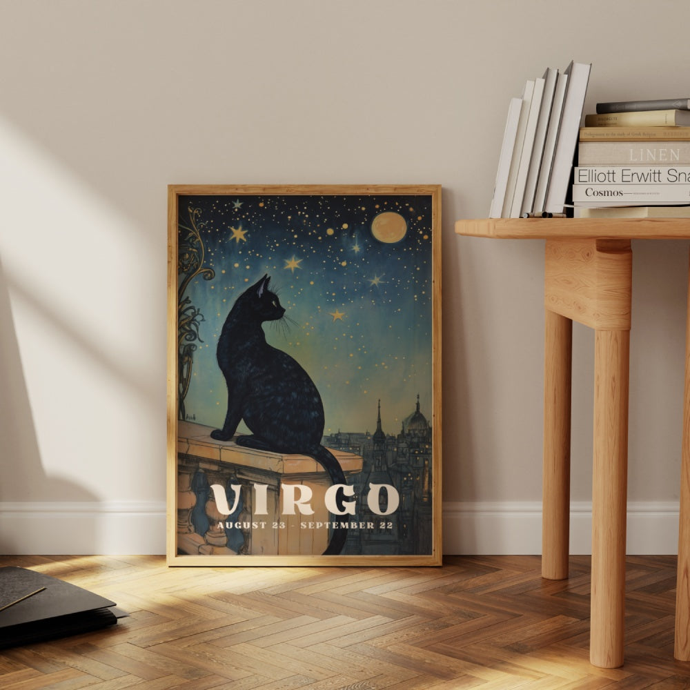 "Virgo", a vintage astrology poster, featuring a black cag sitting on a roof top looking at the night sky