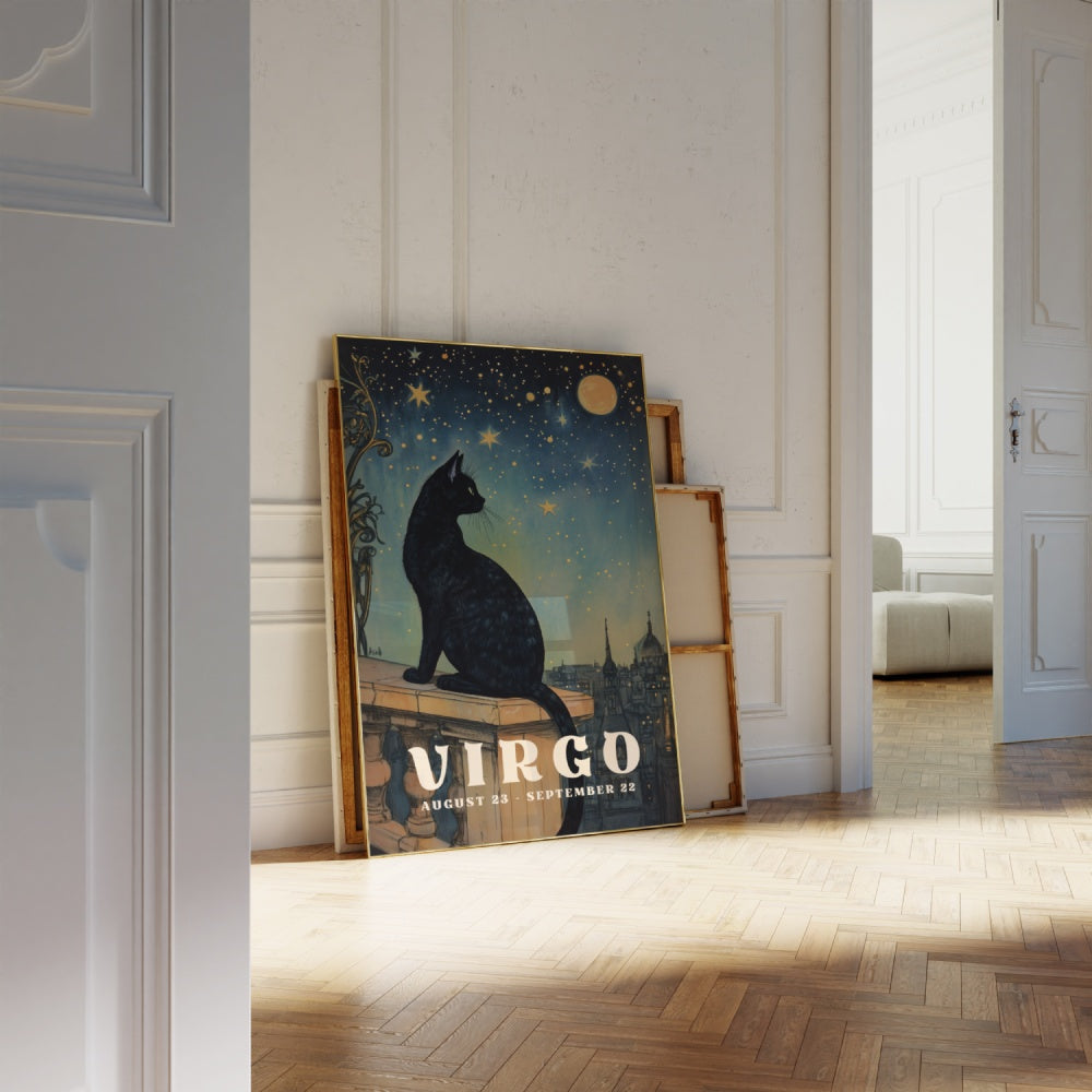 "Virgo", a vintage astrology poster, featuring a black cag sitting on a roof top looking at the night sky