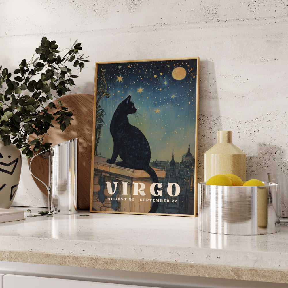 "Virgo", a vintage astrology poster, featuring a black cag sitting on a roof top looking at the night sky