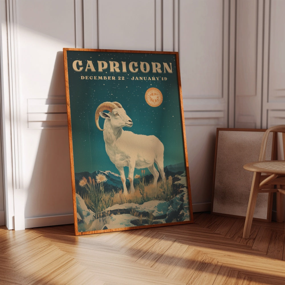 "Capricorn", a vintage astrology poster, featuring a white horned goat underneath the night skies with bright stars