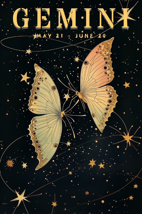 "Gemini", a vintage astrology poster, featuring twin butterflies flying in the night skies, bright stars