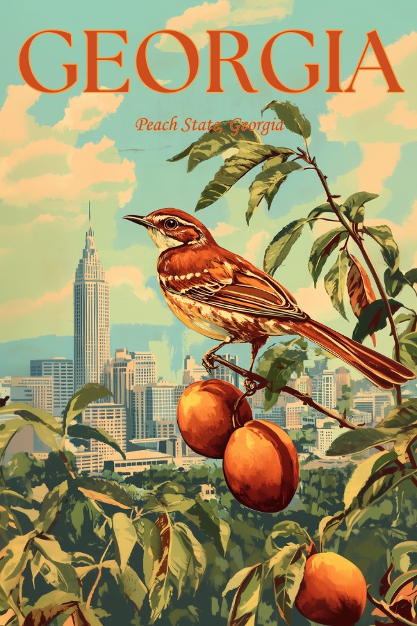 "Georgia", a vintage travel poster, featuring a Brown thrasher perched on a peach tree in Atlanta.