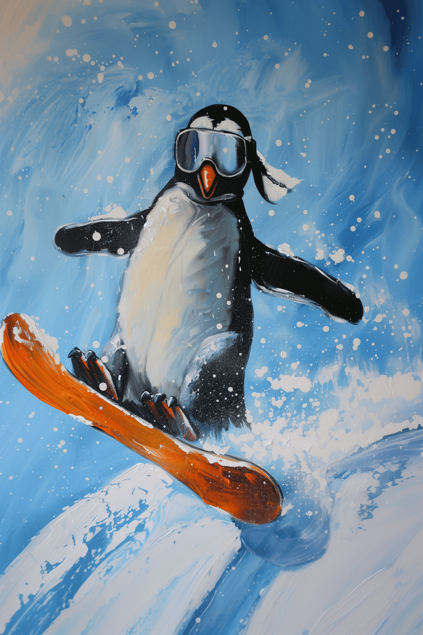 Playful illustration featuring a penguin snowboarding down a snowy slope, wearing ski goggles and a headband - Paw Prints