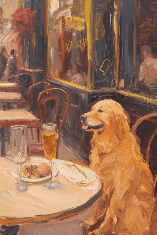 Impressionist painting of a golden retriever sitting in an elegant Parisian brasserie, drinking wine and eating a baguette.