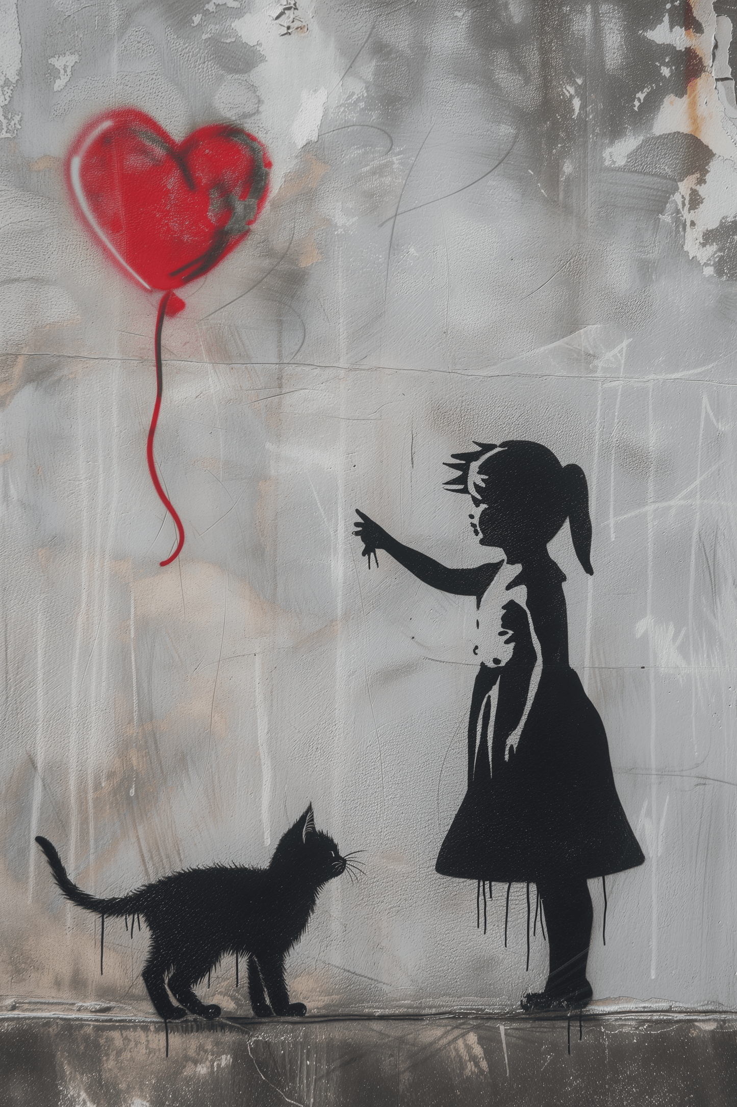 Banksy Painting of a little girl in a black dress with her cat, reaching out to the red heart-shaped balloon on a grey wall.