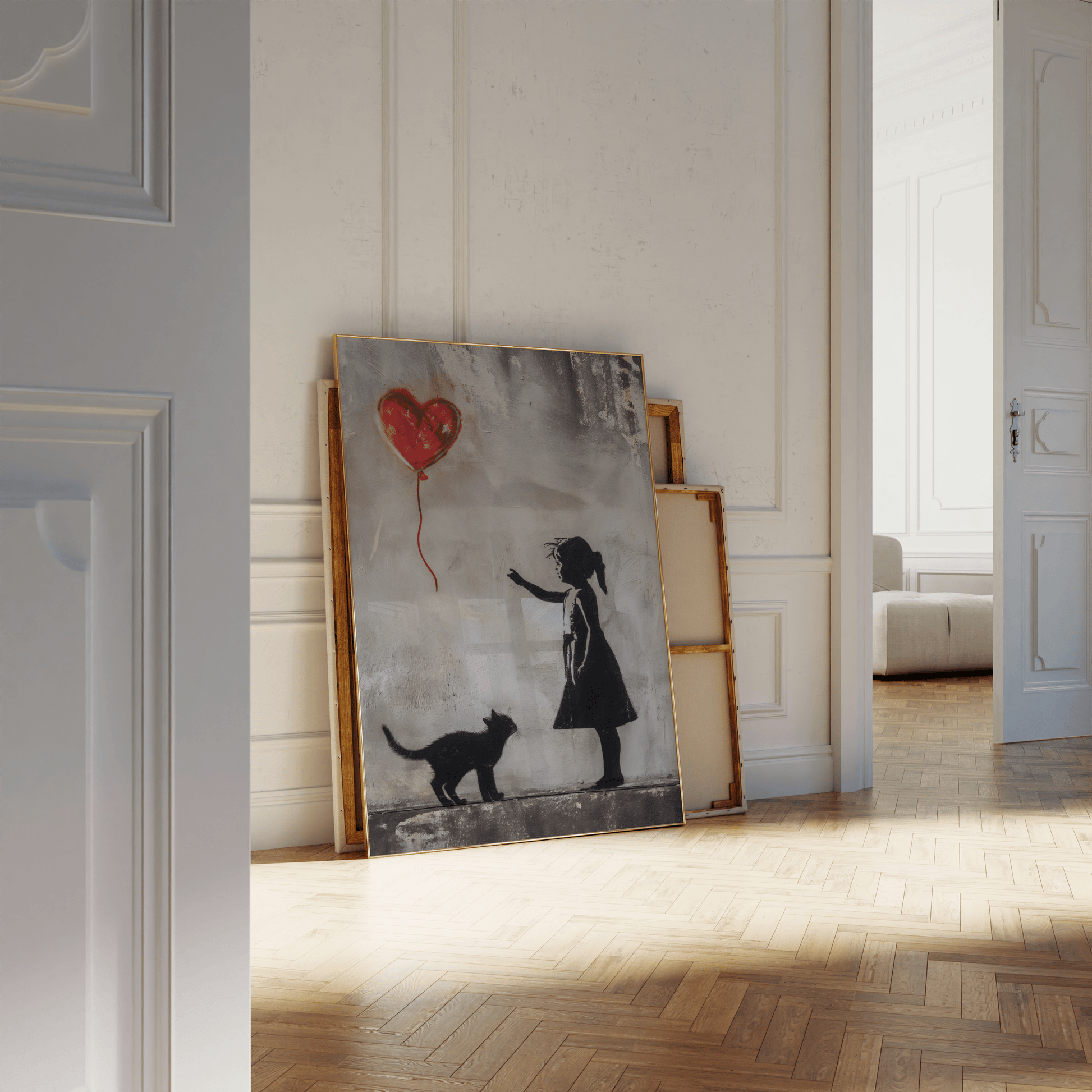 Painting of a little girl with her cat, reaching out to the red heart-shaped balloon, leaning against a white bathroom wall. 