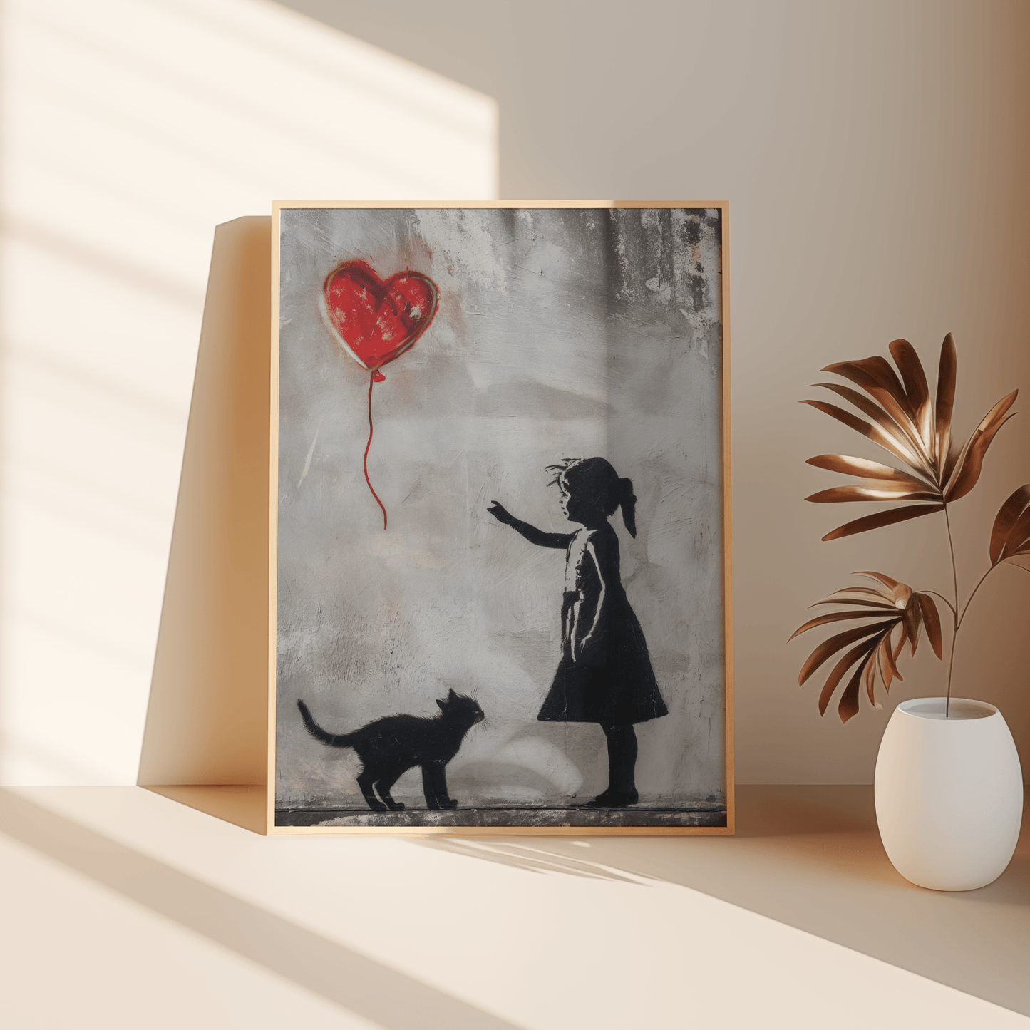 Painting of a little girl with her cat, reaching out to the red heart-shaped balloon, leaning against the bedroom floor. 