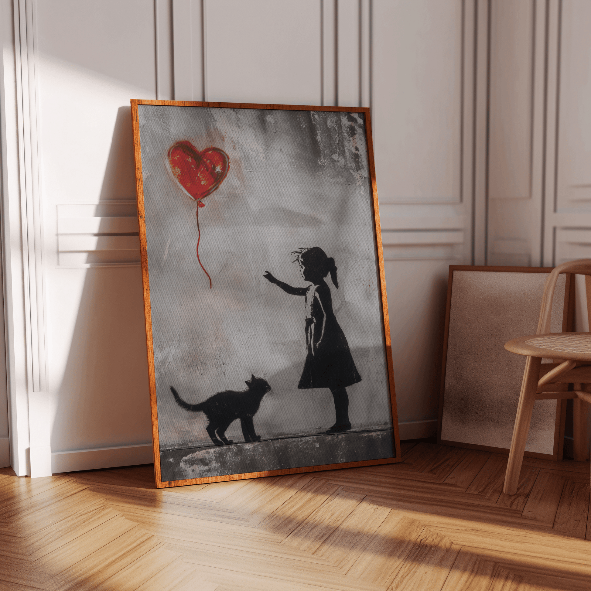 Banksy Painting of a little girl in a black dress with her cat, reaching out to the red heart-shaped balloon, in a hallway.