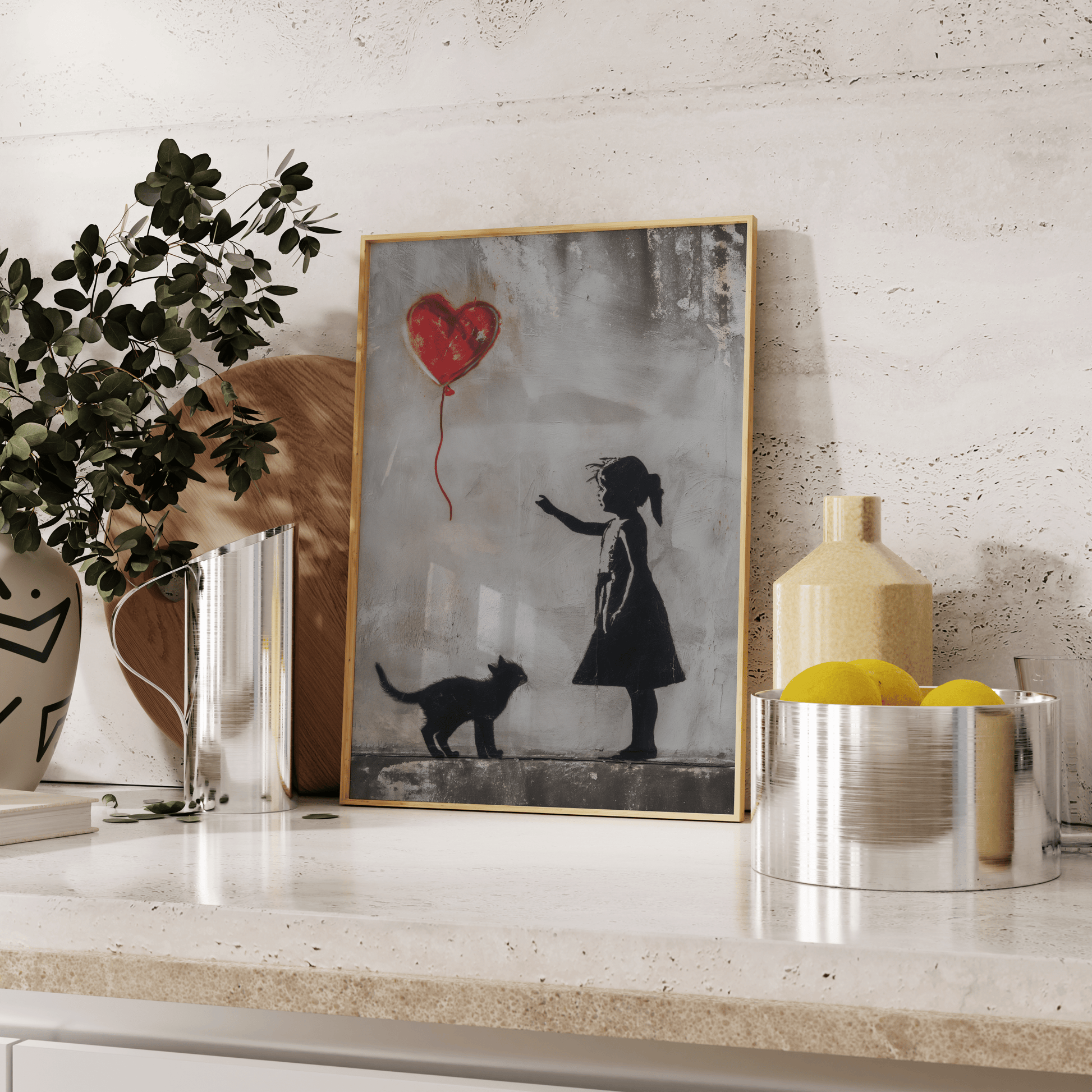 Painting of a little girl with her cat, reaching out to the red heart-shaped balloon, leaning against the kitchen counter. 