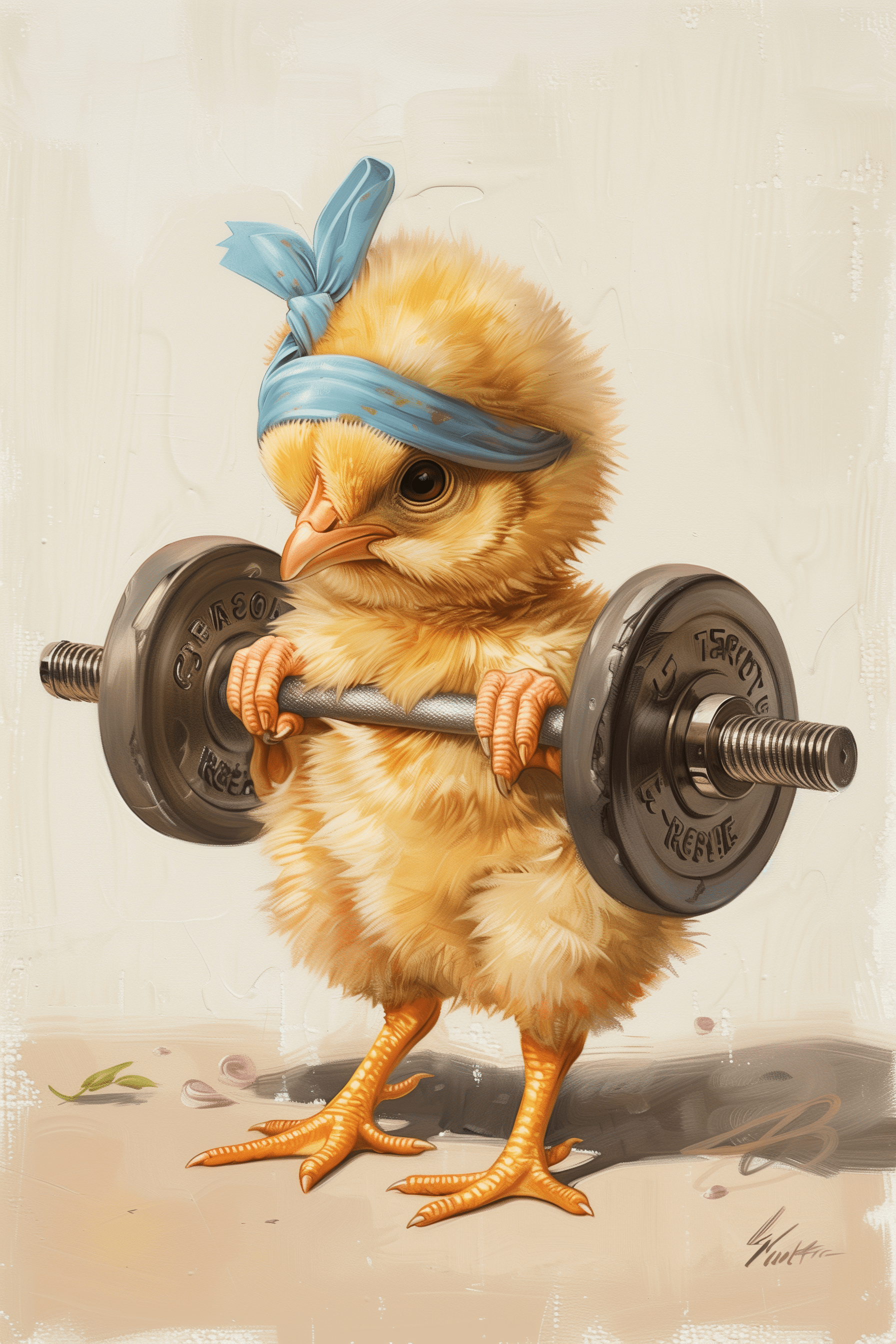 Photorealistic poster of a baby chicken lifting a barbell, wearing a blue headband - Paw Prints