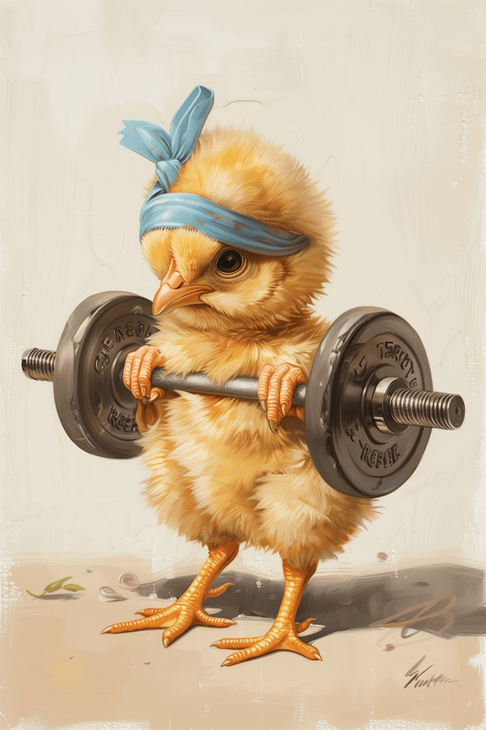 Photorealistic poster of a baby chicken lifting a barbell, wearing a blue headband - Paw Prints