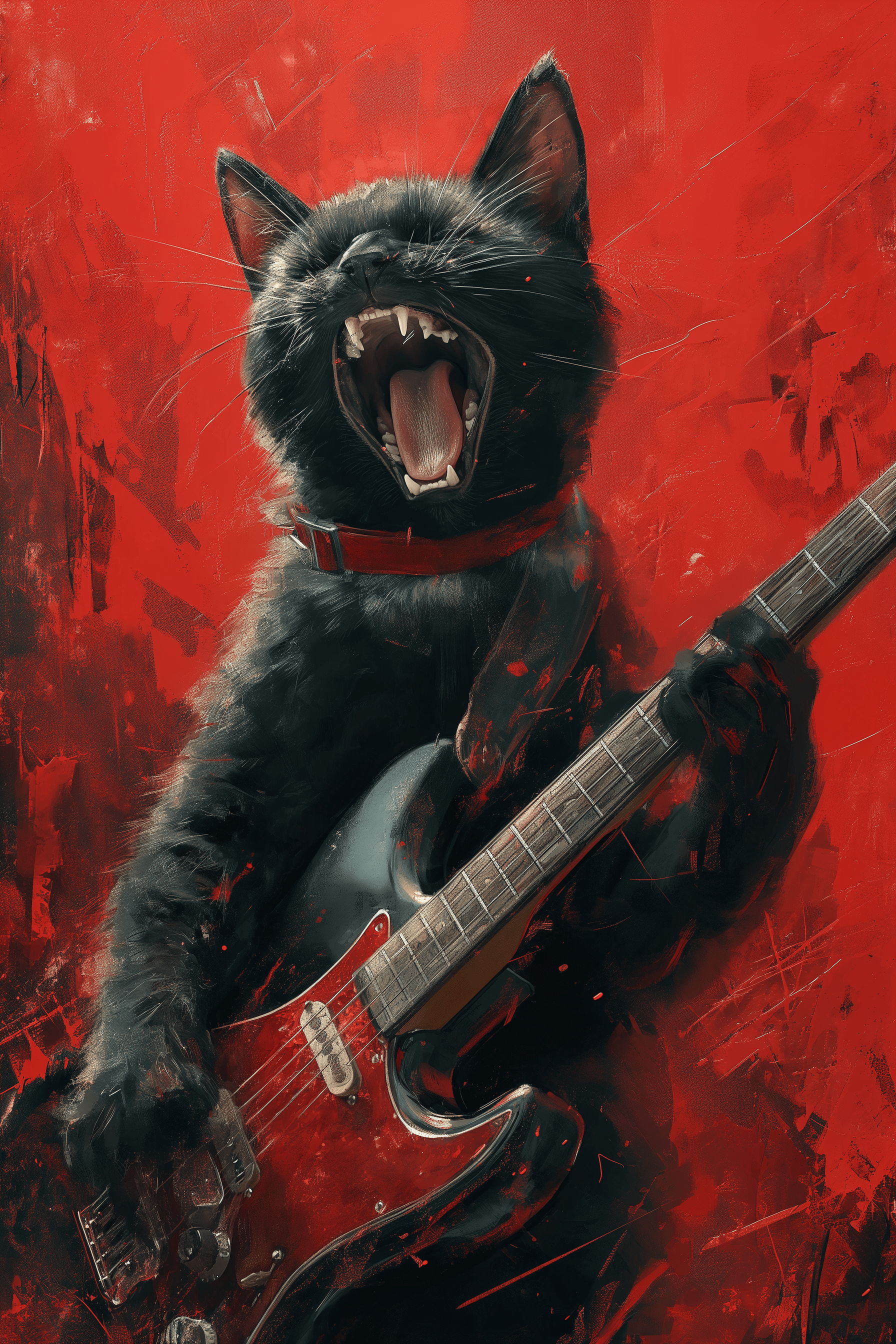 Painting of a screaming black cat playing a red electric guitar with a red background - Paw Prints