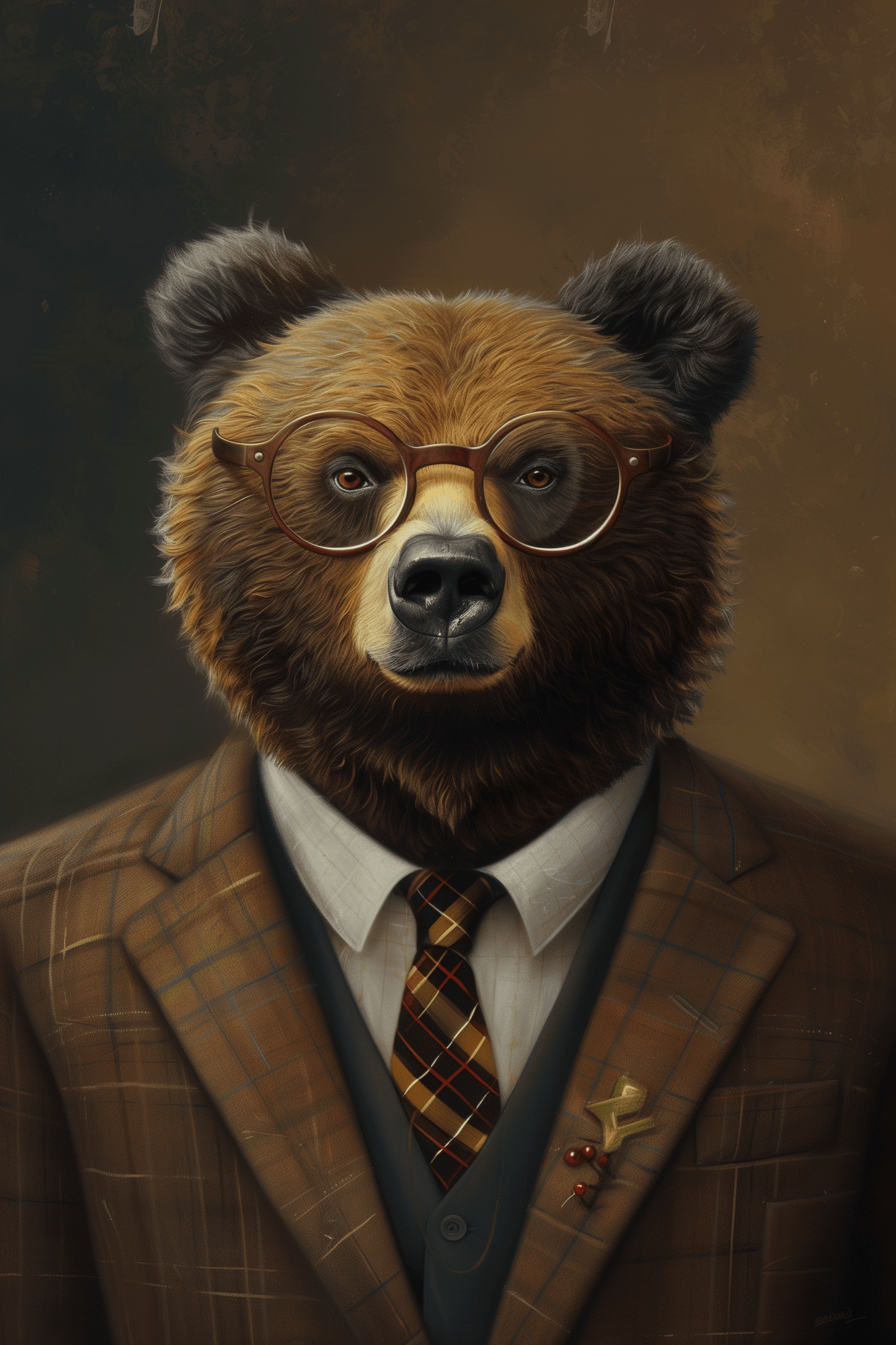 A portrait painting of an anthropomorphic grizzly bear wearing glasses and dressed in a suit - Paw Prints