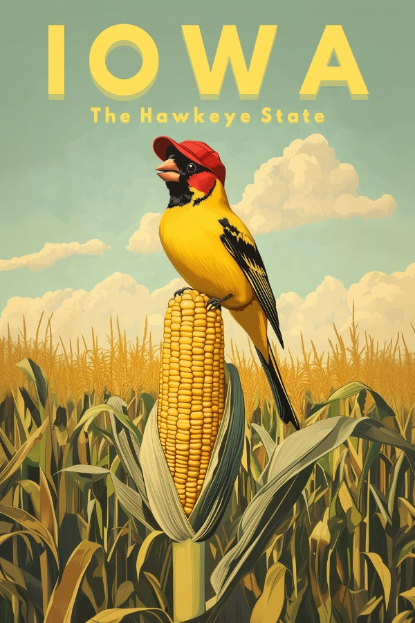 "Iowa", a vintage travel poster, featuring an American goldfinch standing on a ripe corn on a farm field, wearing a farmer's hat